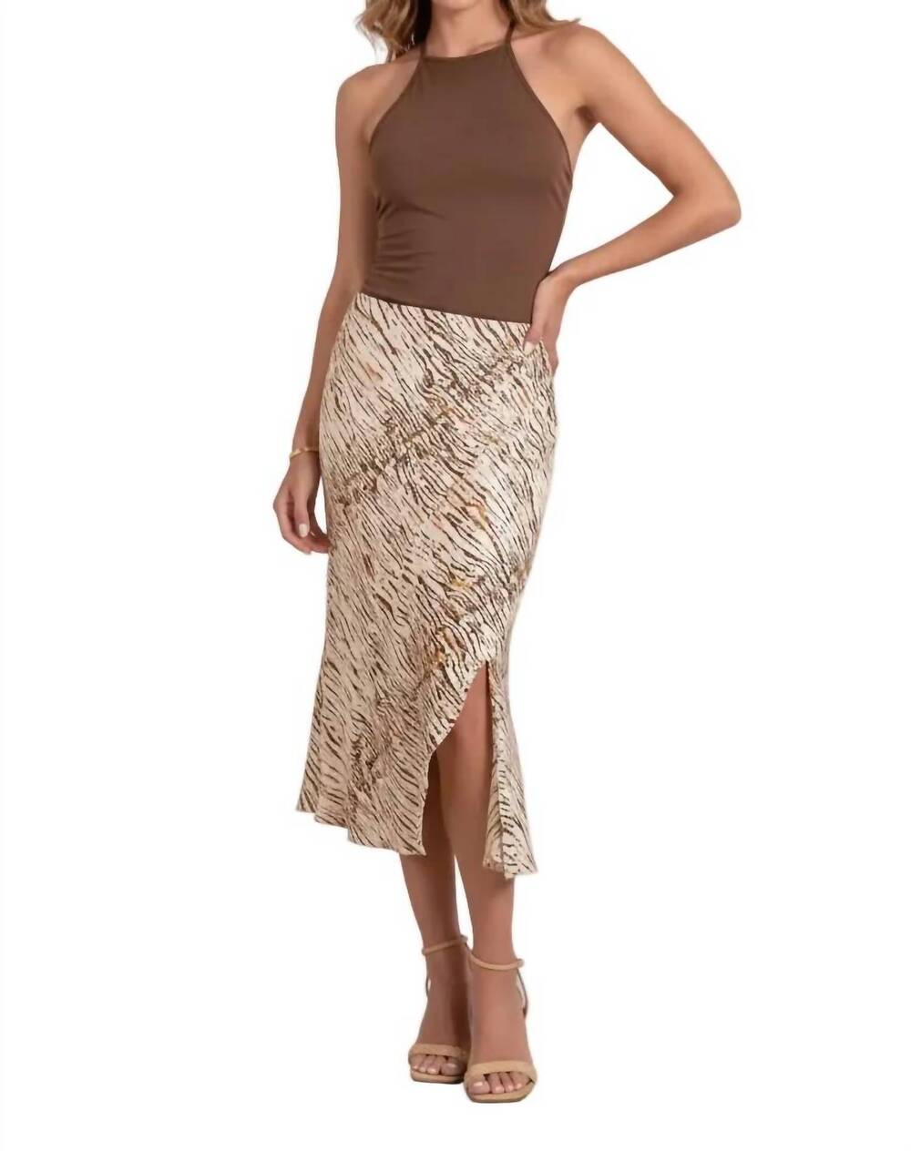 NEW ELAN printed side slit midi skirt in brown